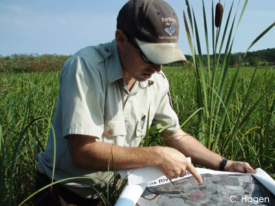Man pointing at map in wetland