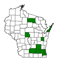 A map showing counties where tall manna grass is suspected to have arrived.