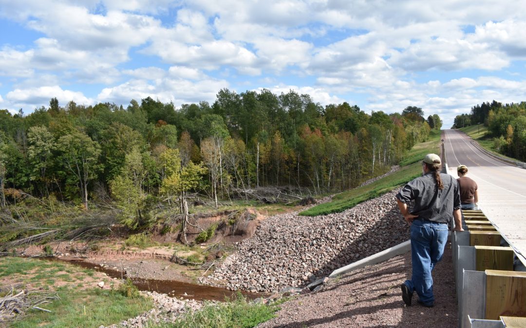 WWA staff survey the site of a bridge washout as part of their case study. Even in this photo, taken a year after the flood, downcutting and toppled trees are still visible.