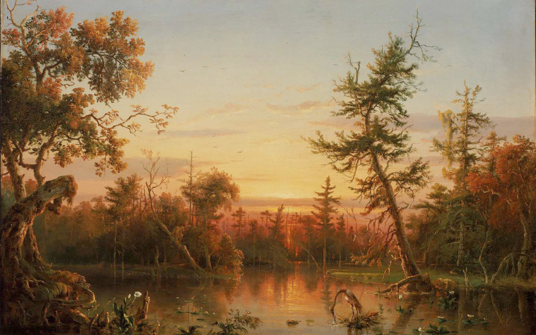 The sun sets over the Dismal Swamp and a crane in this old painting by Régis François Gignoux.