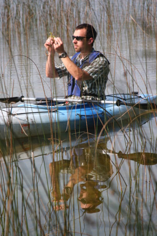 Paul Skawinski examining an aquatic plant in a kayak.