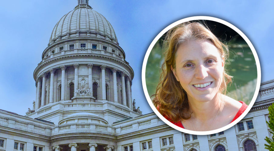 A photo of Jennifer Western Hauser laid over a photo of the Wisconsin State Capitol.