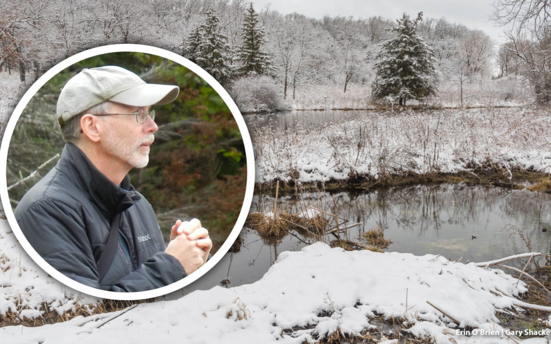 A photo of Tod Highsmith is inset into a photo of a wintery wetland.