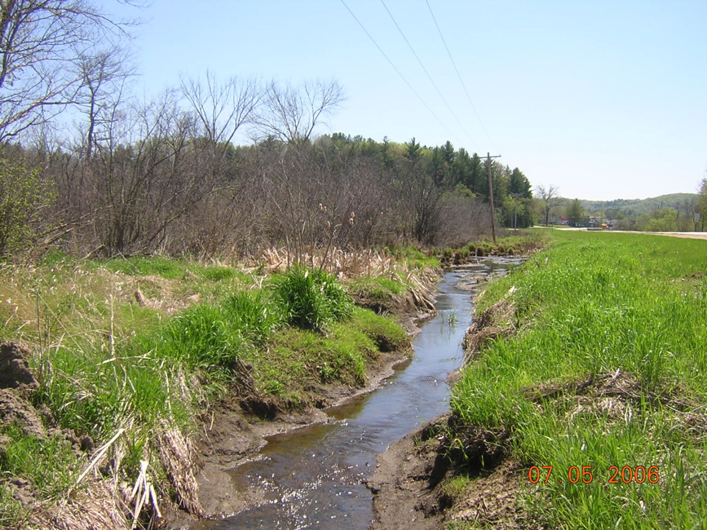 A ditch runs along the side of the road, draining the nearby wetland and altering the historic hydrology of the site.