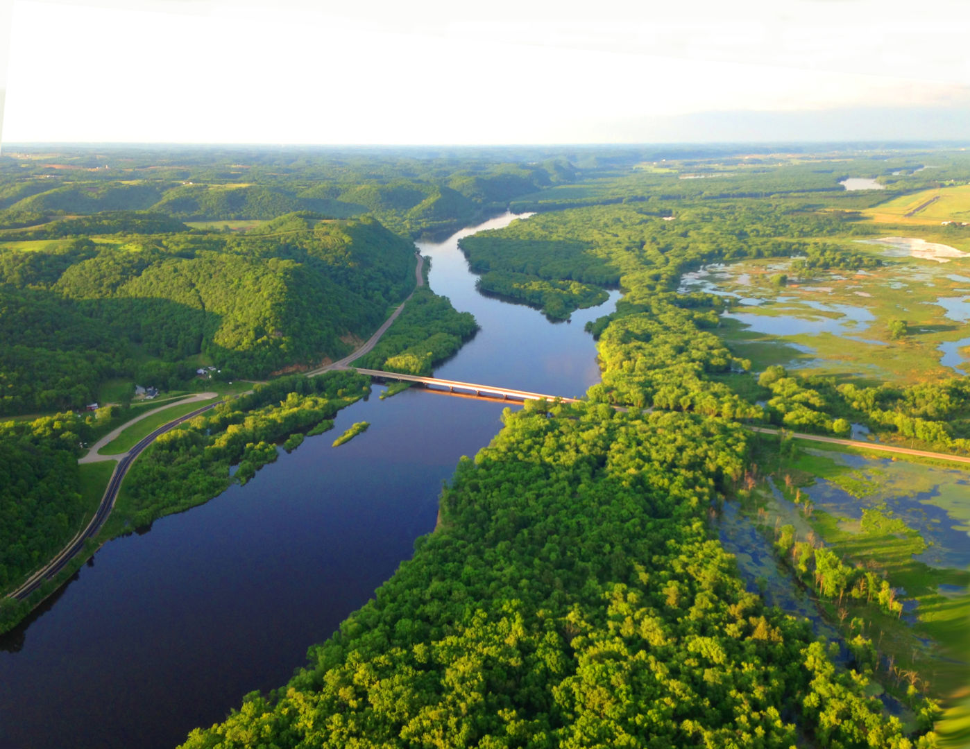 an aerial view of a large, free-flowing river with green floodplain forests along its banks and a bridge crossing in the middle.