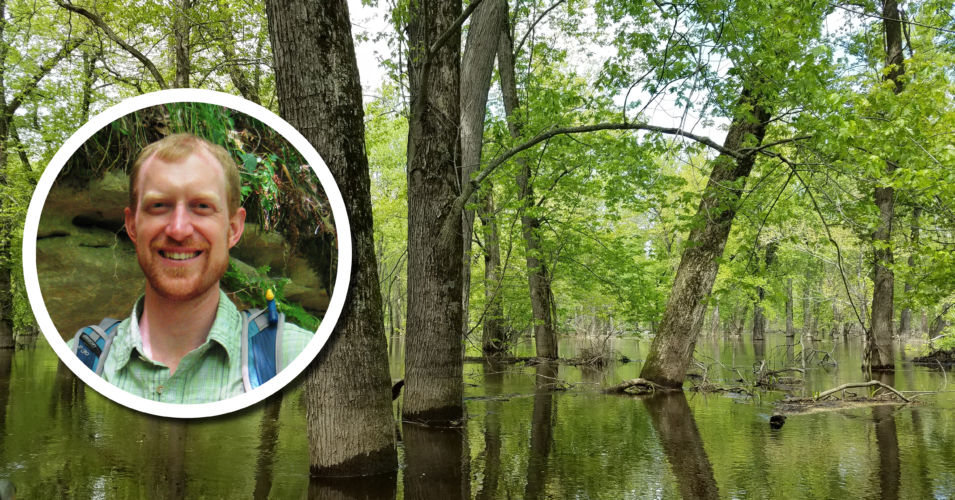 A floodplain wetland with a small photo of Ryan O'Connor inset.