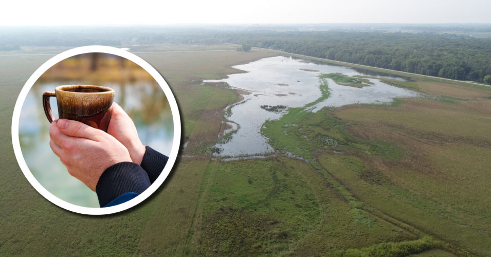 An aerial image of a restored wetland on the Oneida Nation reservation.