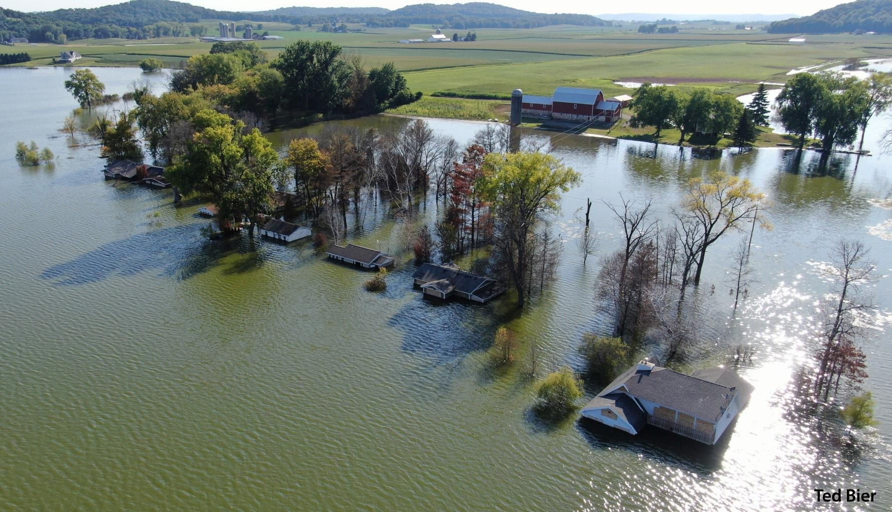 This photo from June 2020 shows flooded homes along Fish Lake’s former western shoreline.