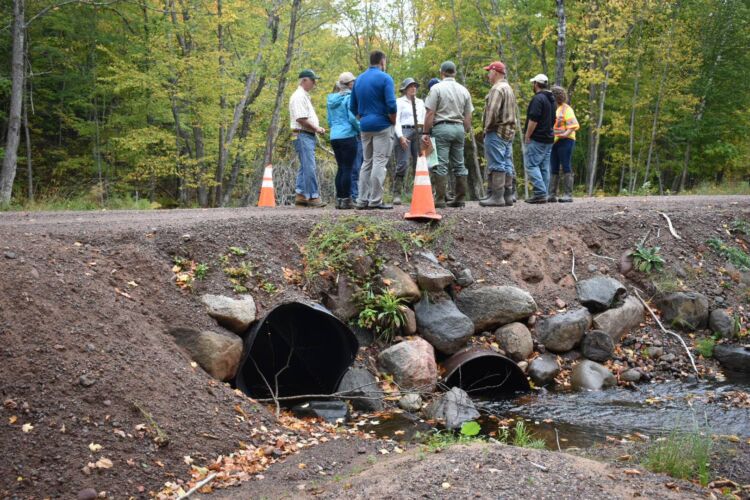 A group of people stand on a rural road with traffic cones marking a culvert that appears to be damaged.