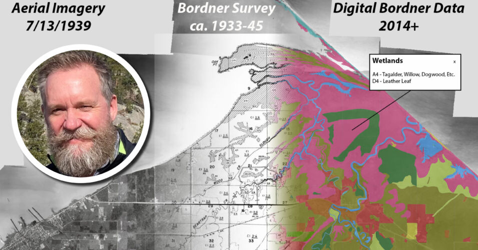 A photo of speaker Howard Veregin over a map that shows one landscape with several different maps. Starting on the right with 1939 aerial imagery, then a survey map (the Bordner Survey) ca. 1933-1945, then into the colorful Digital Bordner Data from 2014 and onward with 'wetlands' pointed out.
