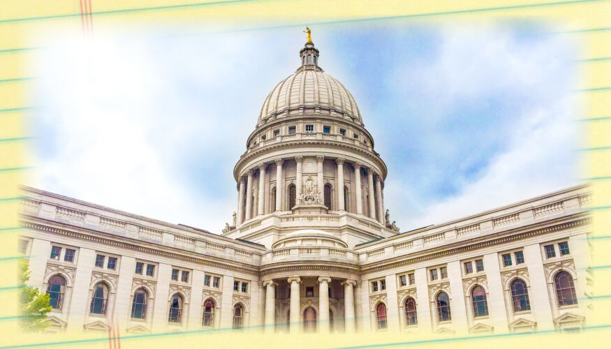 An image of the Wisconsin State Capitol over a yellow legal pad.