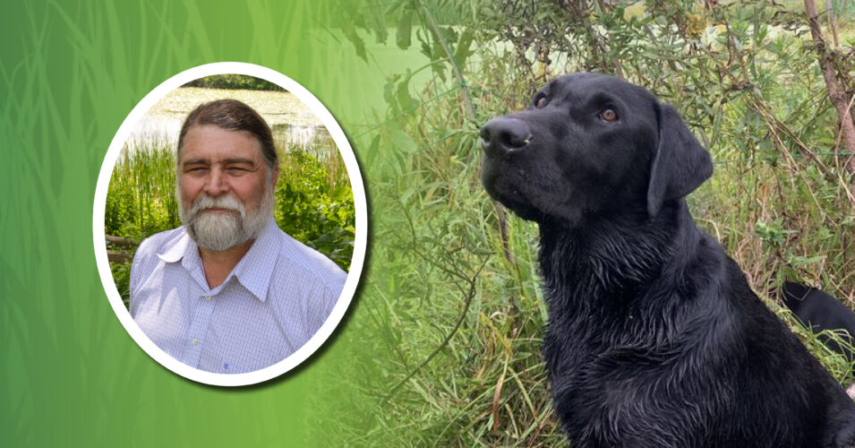 A photo of Tracy Hames and a photo of his dog, a black Labrador named Cooper.