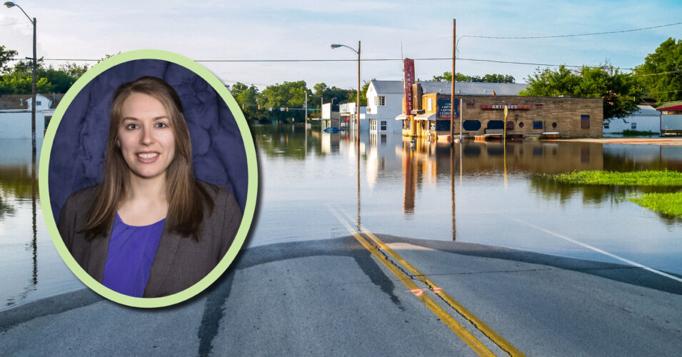 A professional photo of Lara Carlson with a photo of a small town main street that is flooded.