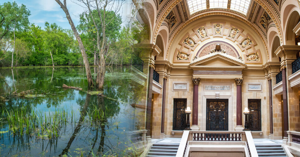 A photo of a wetland in Trempealeau National Wildlife Refuge and a photo of the inside of the Wisconsin State Capitol.