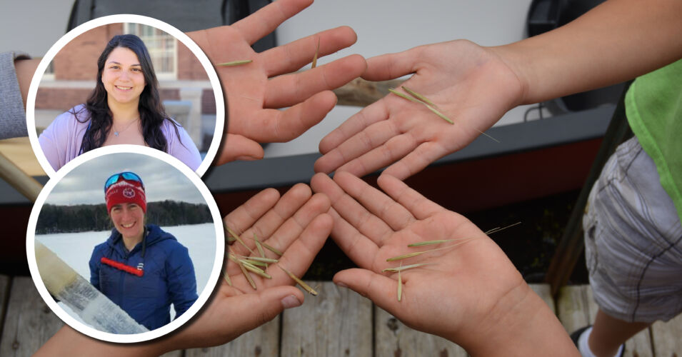 Photos of Sara Smith (top) and Hannah Panci (bottom) over a photo of four open hands holding wild rice.