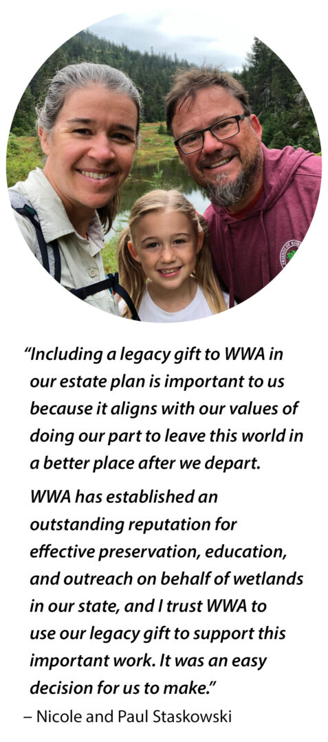 A photo of Tod Highsmith standing in a wetland with his quote: “By planning now for a future gift to WWA, I can help make sure the organization stays well-nourished and never ‘dries up.’“