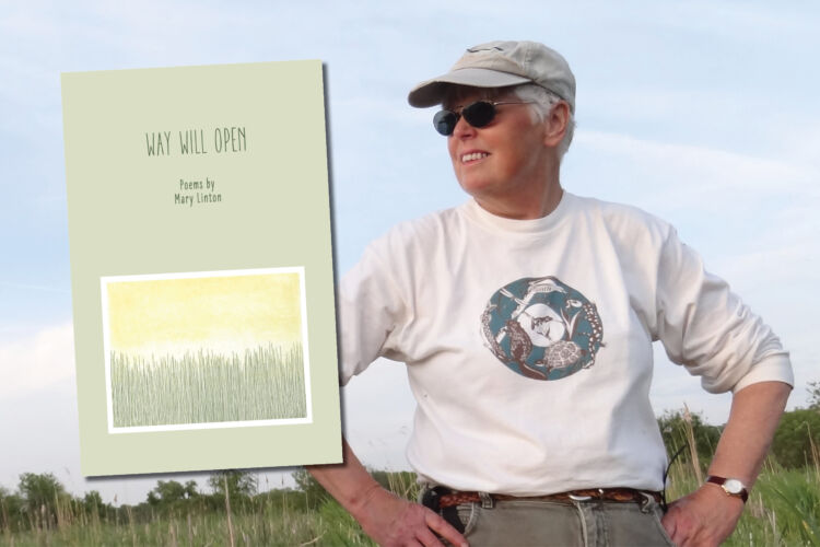 A photo of Mary Linton smiling with her hands on her hips in the field, wearing a ball cap and sunglasses. The cover art for Way Will Open has a soft green background with a charming illustration of grasses against a yellow sky.