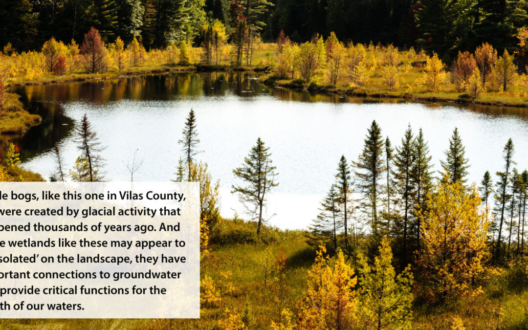 A photo of a kettle bog in northern Wisconsin with the following caption: Kettle bogs, like this one in Vilas County, WI, were created by glacial activity that happened thousands of years ago. And while wetlands like these may appear to be ‘isolated’ on the landscape, they have important connections to groundwater and provide critical functions for the health of our waters.