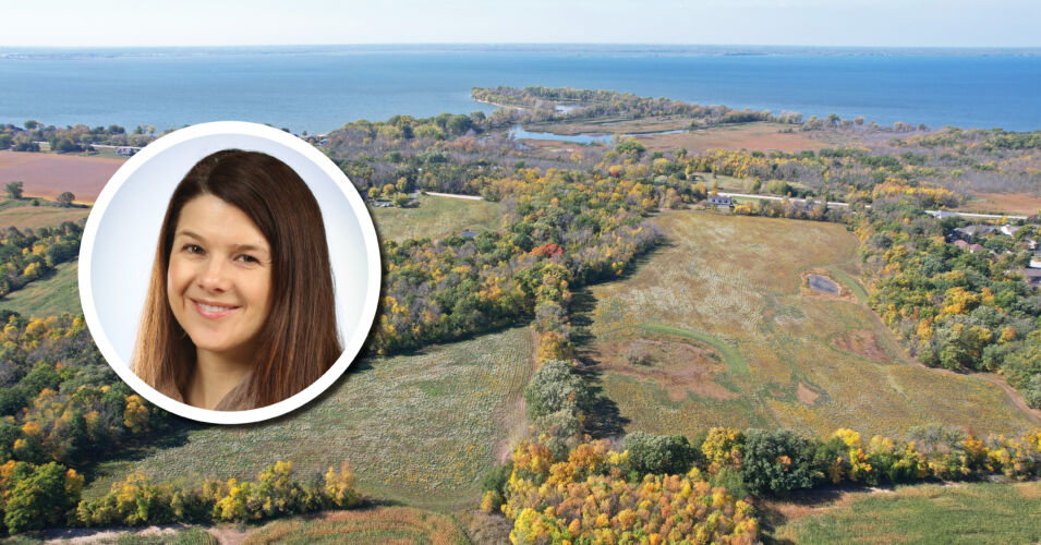 A photo of Bobbie Webster and an aerial photo of the Wequiock Creek Natural Area in Brown County, WI.