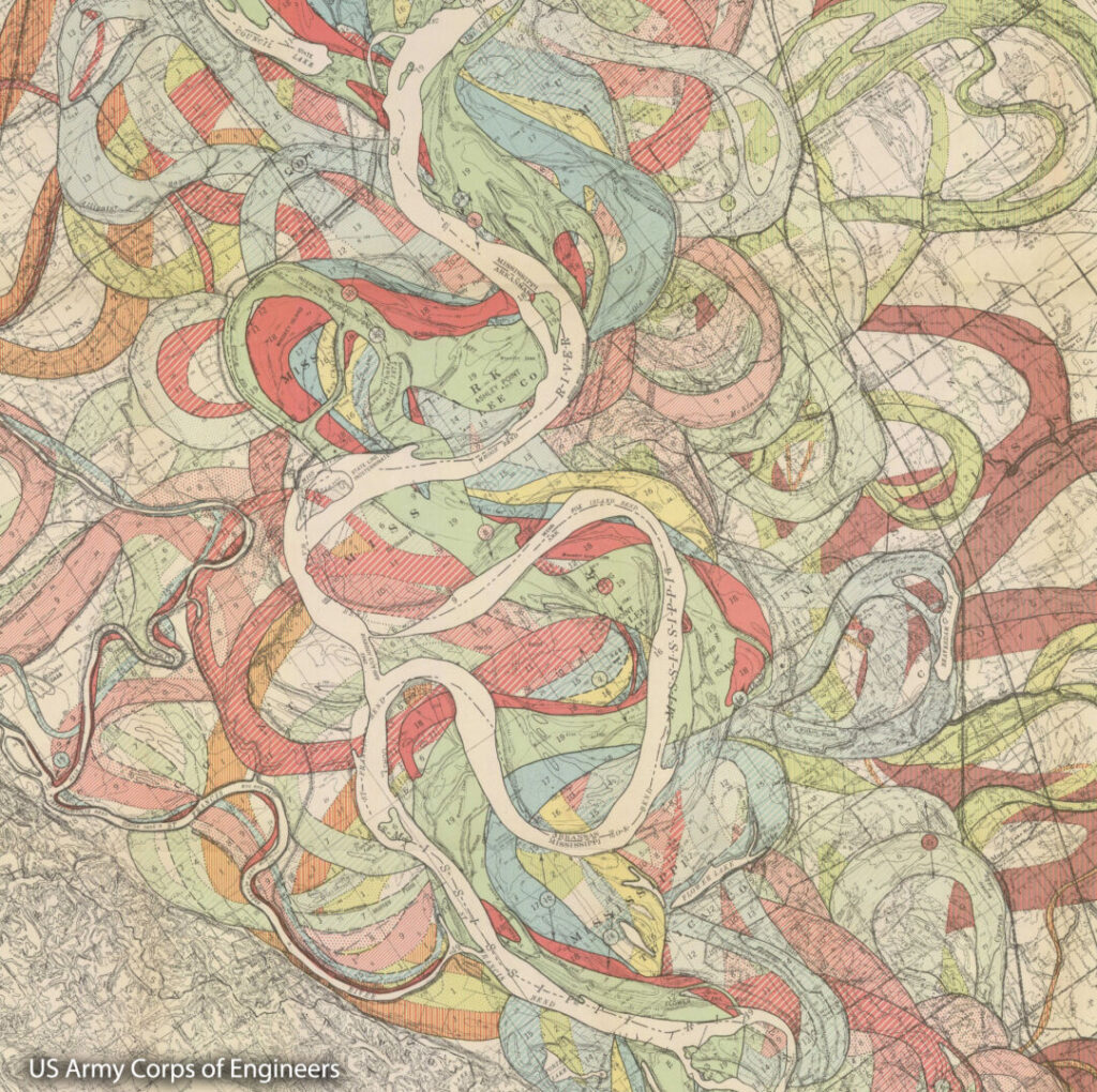 A map from 1944 from the US Army Corps of Engineers showing the many different channels that the Mississippi River has taken historically. Each historic channel is a different color, and the result is a tangle of oxbows and switchbacks overlapping one another in a mesmerizing and beautiful way.