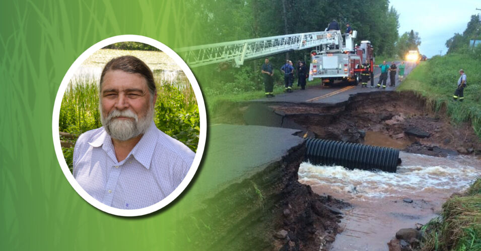 A photo of WWA Executive Director Tracy Hames and a photo of flood damages where floodwaters have carved away a road surrounding a culvert, with a firetruck and emergency responders in the background.