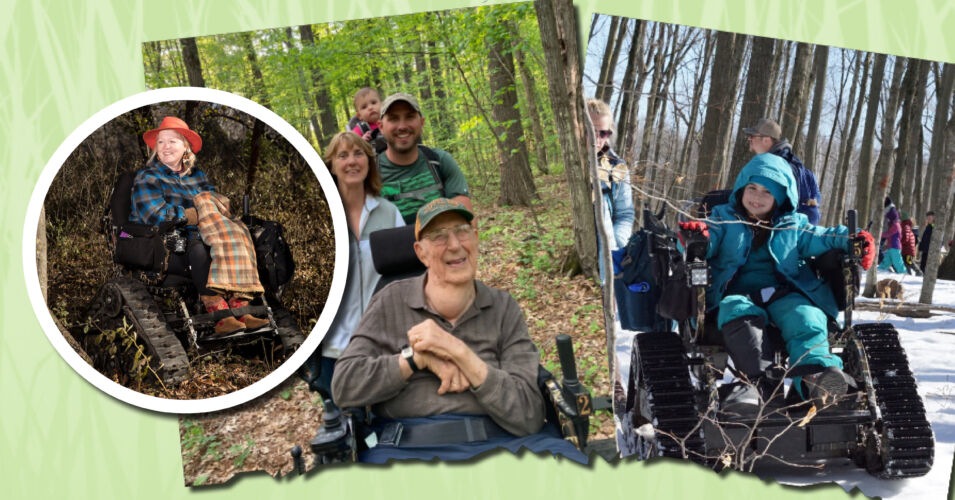 A photo of Monica Spaeni sitting in an outdoor wheelchair in a forested area, and two photos of other smiling people in outdoor wheelchairs surrounded by family.